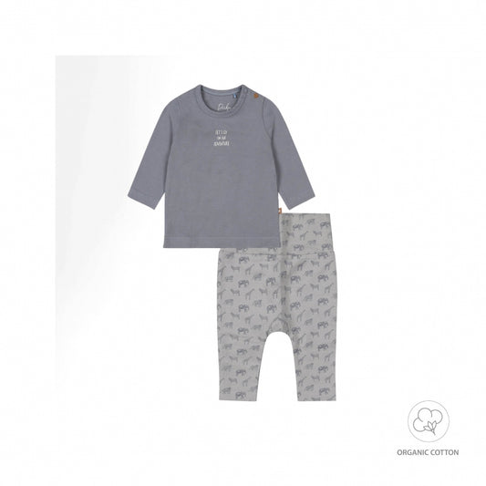 Babyset bestaande uit een  blauwe longsleeve en lichtblauwe broek met dierenprint